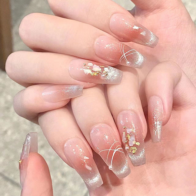 Enchanted Elegance Long Coffin Transparent with Sparkling Glitter and Floral Accents Press On Nail Set