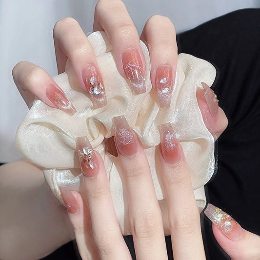 Glamorous Enchantment Long Coffin Blush Pink with Sparkling Art Accents Press On Nail Set