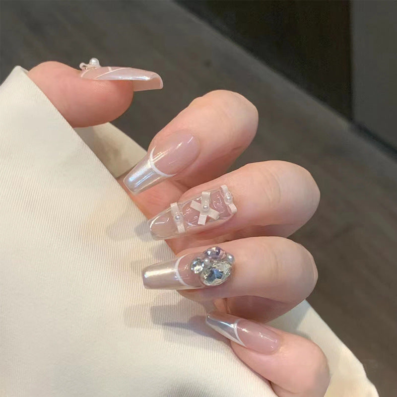 Elegant Romance Long Coffin Transparent Press-On Nail Set with Charming Embellishments