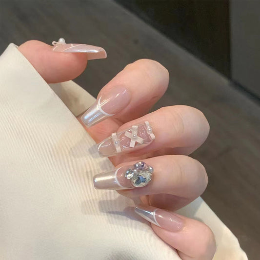 Elegant Romance Long Coffin Transparent Press-On Nail Set with Charming Embellishments