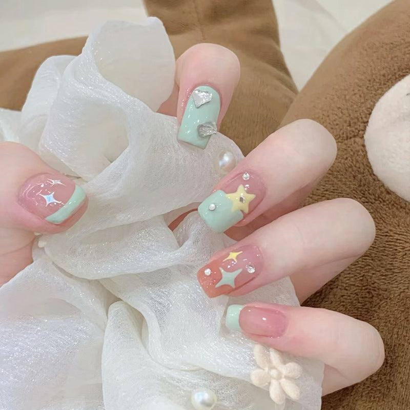 Celestial Dreamland Long Square Mint Green and Blush Press on Nail Set with Starry Gem Accents