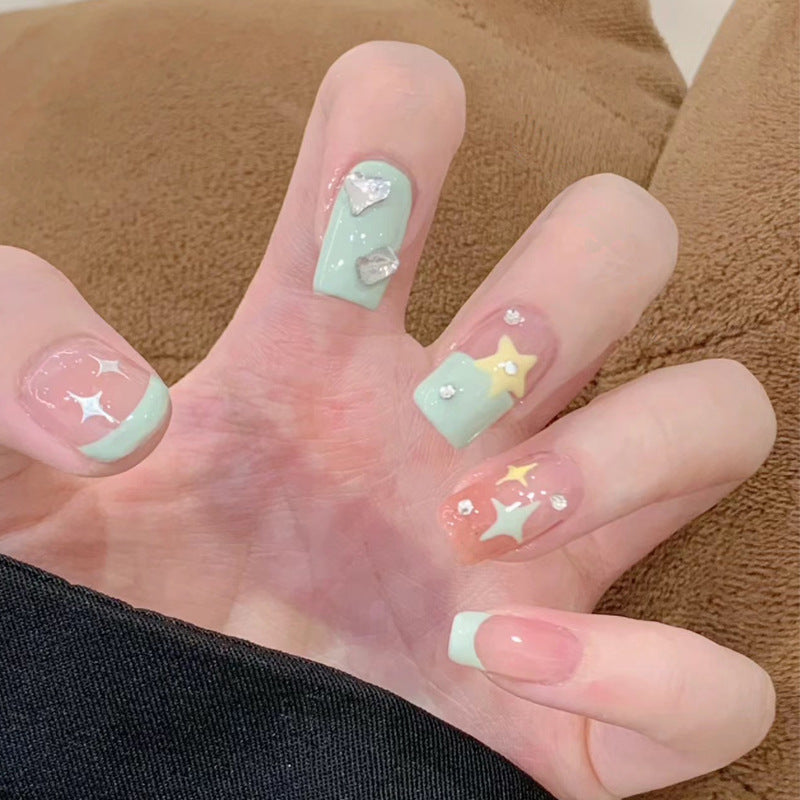 Celestial Dreams Long Square Mint Green Press On Nail Set with Shiny Star and Gemstone Accents