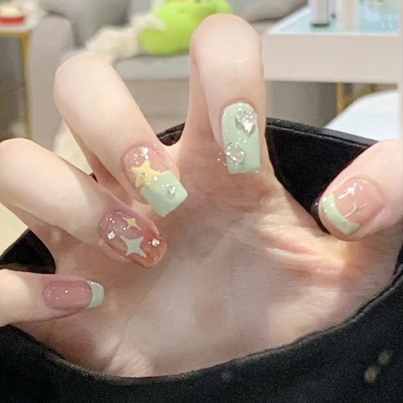 Celestial Dream Mint Green and Pink Medium Square Shape with Star and Gemstone Accents Press-On Nail Set
