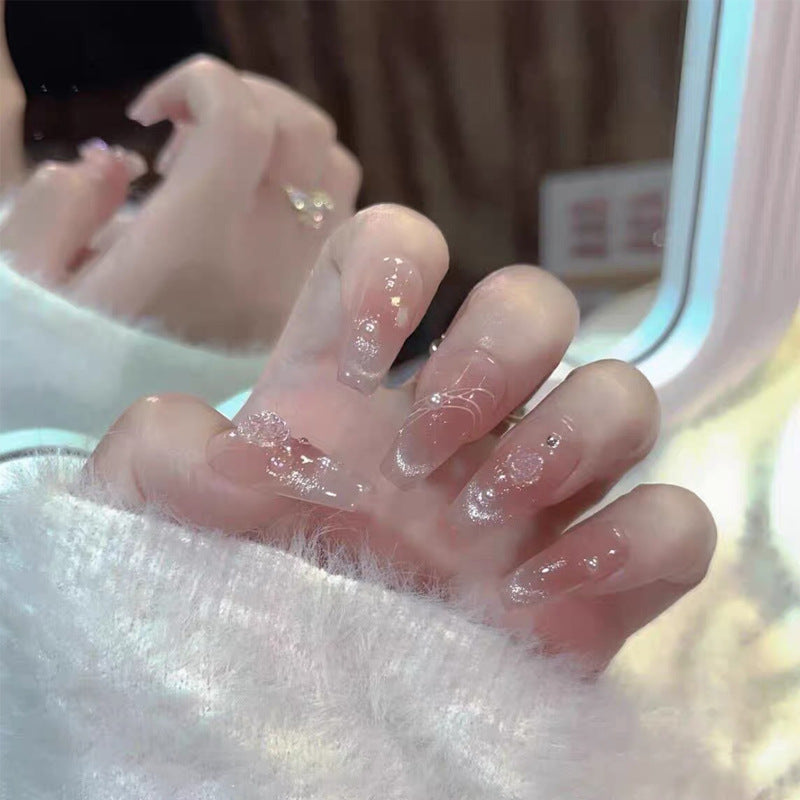Whimsical Garden Long Coffin Clear with Floral Accents Press On Nail Set