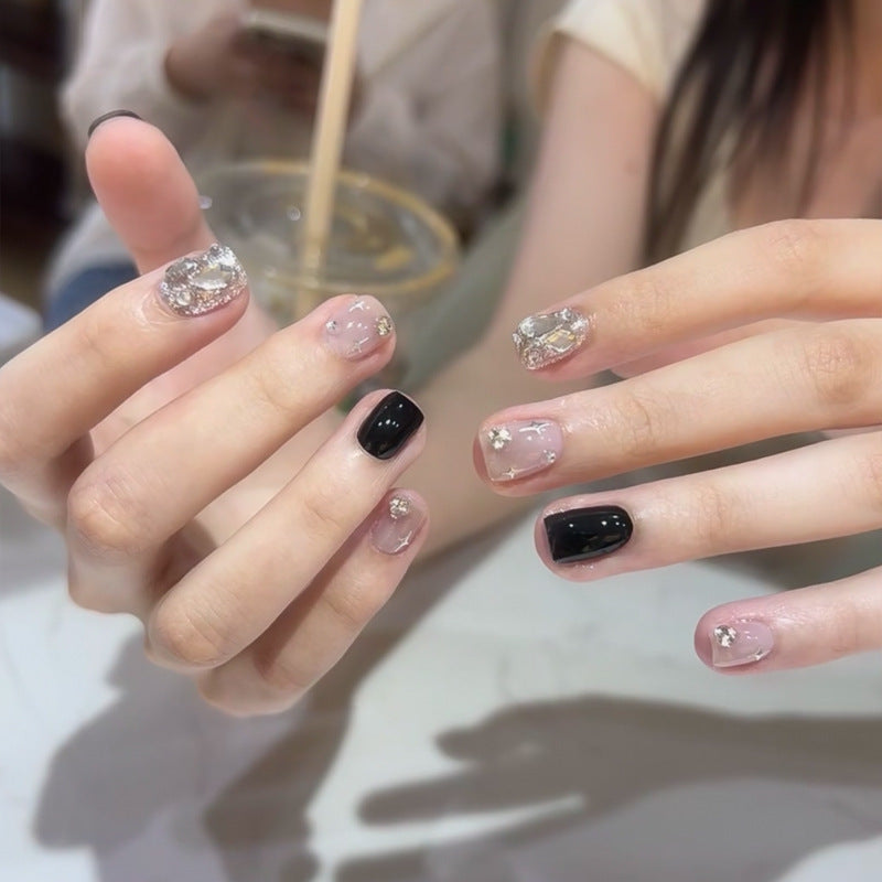 Glamorous Elegance Short Square Clear and Black Nails with Stunning Rhinestone Accents
