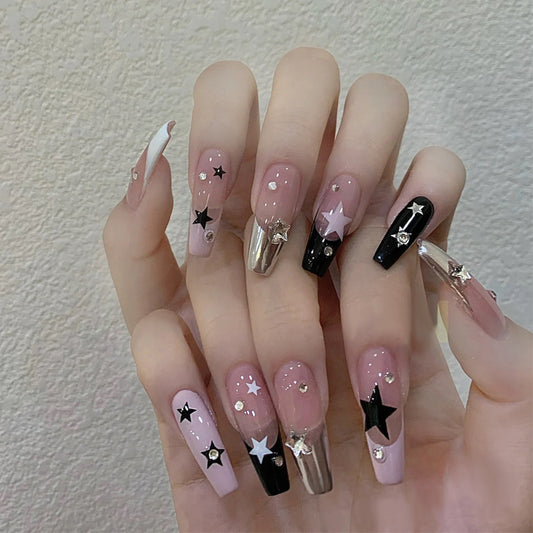 Celestial Dream Long Coffin Pink Black and Silver Nail Set with Starry Accents