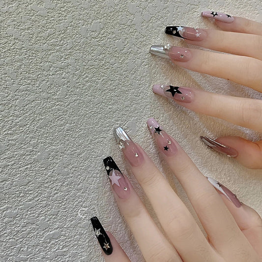 Celestial Dream Long Coffin Pink and Black with Star Accents Press on Nail Set