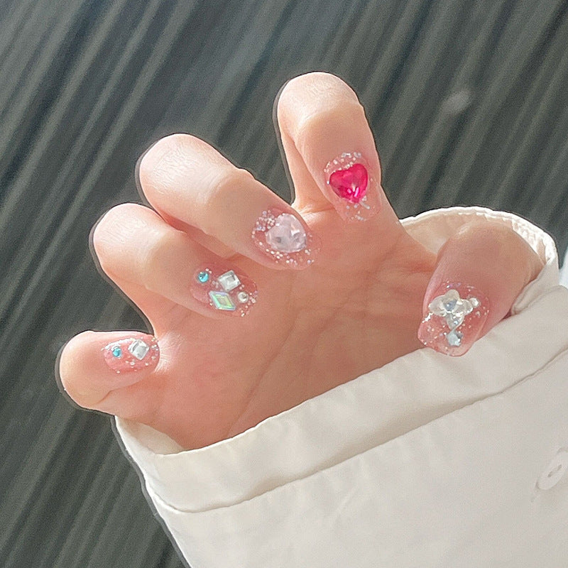 Dreamy Romance Short Square Pink Glimmering Jewel Accents Press On Nail Set