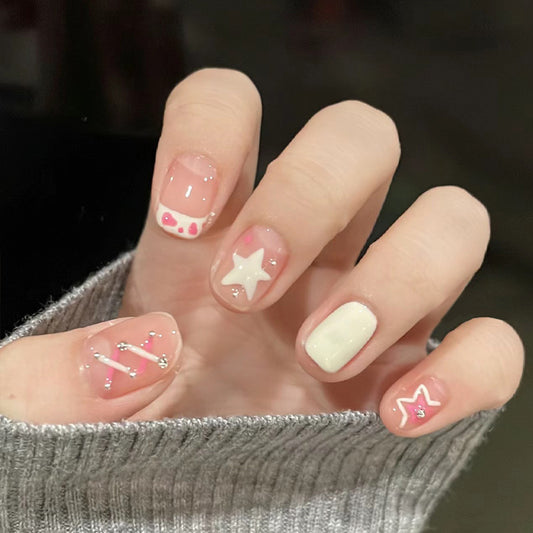 Dreamy Pastel Long Coffin Pink and White Press-On Nail Set with Star and Heart Designs