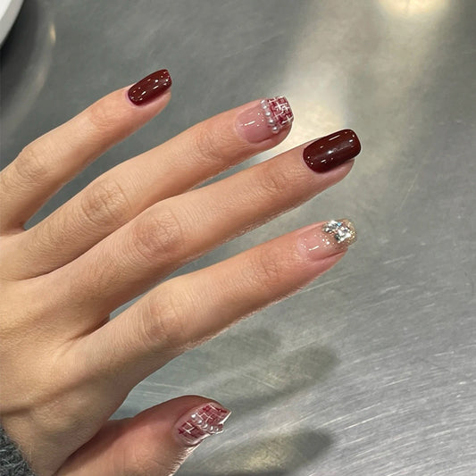 Glamorous Evening Elegance Medium Square Burgundy and Clear Press-On Nail Set with Glitter and Design Accents
