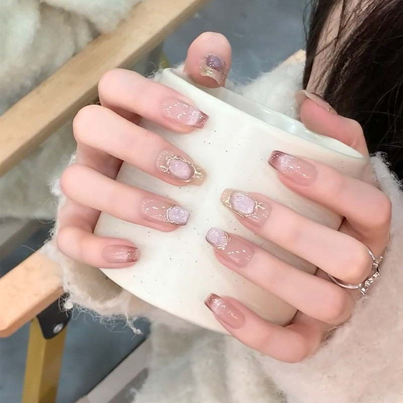 Whimsical Elegance Long Coffin Natural Pink with Shimmering Patterns Press On Nail Set
