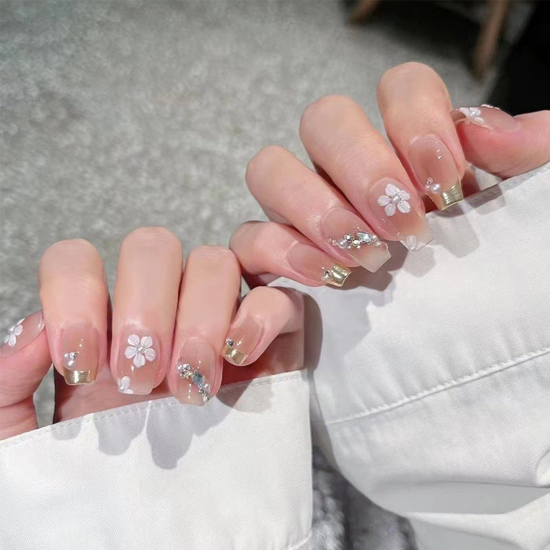 Blossom Elegance Long Coffin Clear with Floral Accents and Glitter Highlights Press on Nail Set