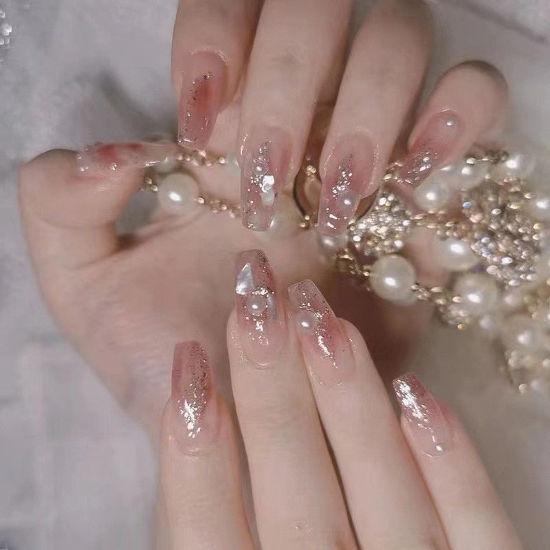 Elegant Charm Long Coffin Pink with Glitter and Pearl Accent Press On Nail Set