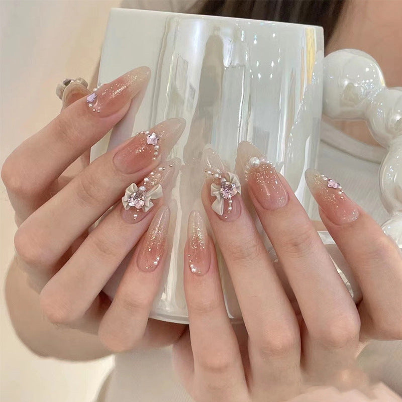 Blossom Elegance Long Almond Gradient Pink and Beige with Floral Accents Press on Nail Set