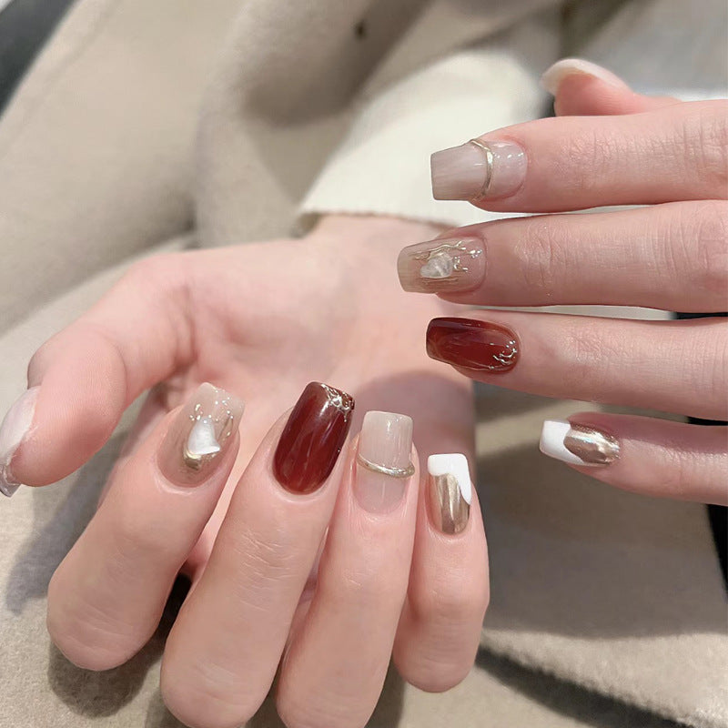 Autumn Chic Medium Square Burgundy and Neutral Foil Accent Press-On Nail Set