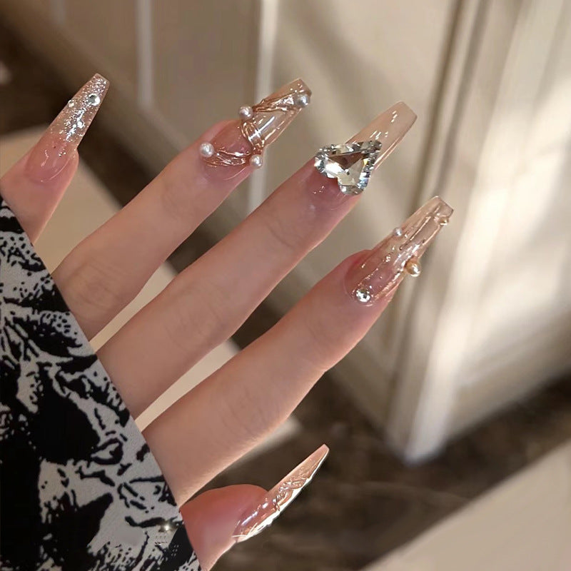 Elegant Crystal Dream Long Coffin Clear Glimmering with Pearl Accents Press-On Nail Set