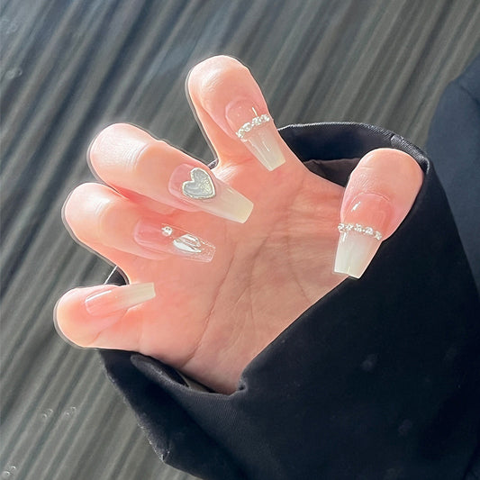 Romantic Charm Long Coffin Clear Press On Nail Set with Heart and Rhinestone Accents