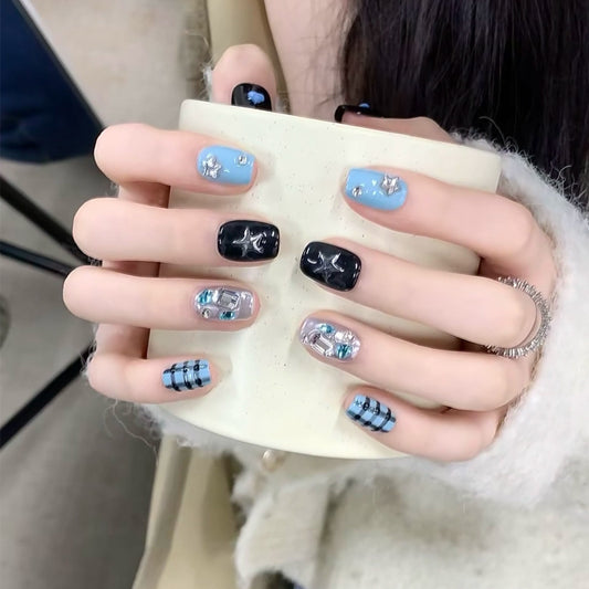 Celestial Dream Press On Nail Set Short Square Blue and Black with Unique Starry Glitter Accents