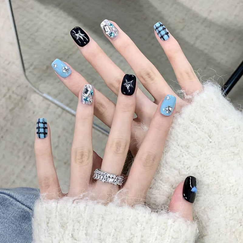 Charming Elegance Short Square Blue Black and Clear Gemstone Accented Press On Nail Set