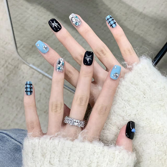 Charming Elegance Short Square Blue Black and Clear Gemstone Accented Press On Nail Set