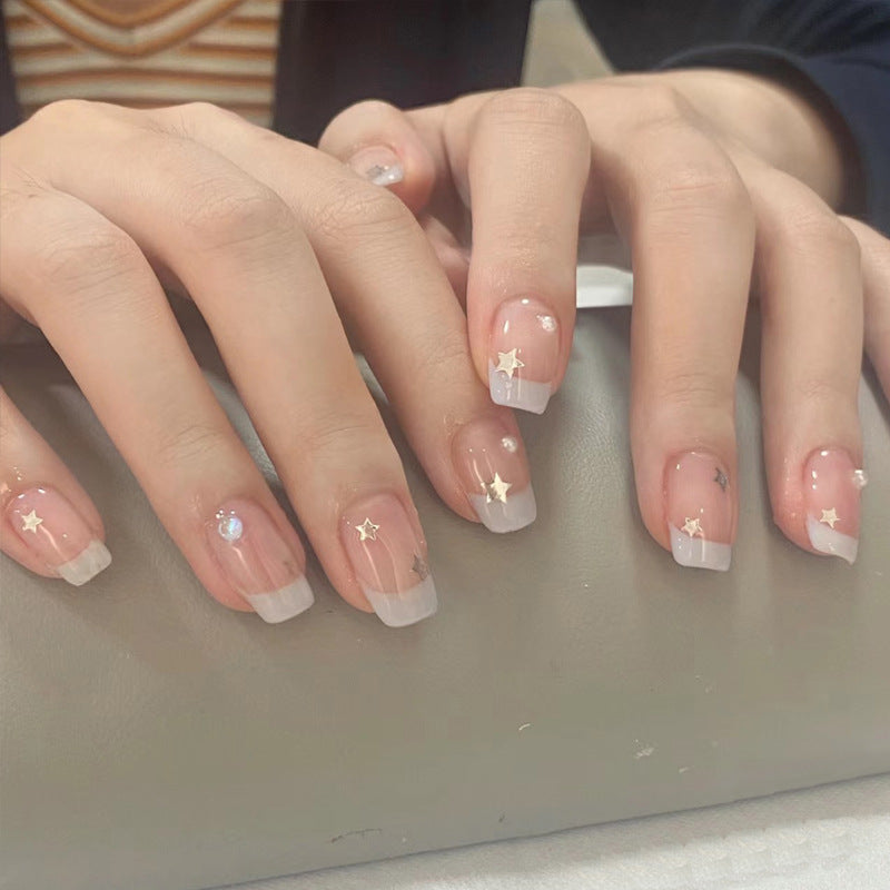 Celestial Glamour Medium Square Transparent Press On Nail Set with Shimmering Star Accents
