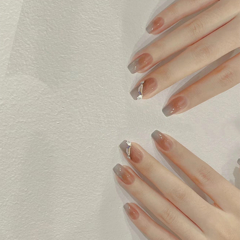 Elegant Garden Inspired Long Coffin Ombre Brown Press On Nail Set with Sparkling Accents