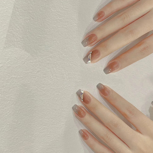 Elegant Garden Inspired Long Coffin Ombre Brown Press On Nail Set with Sparkling Accents