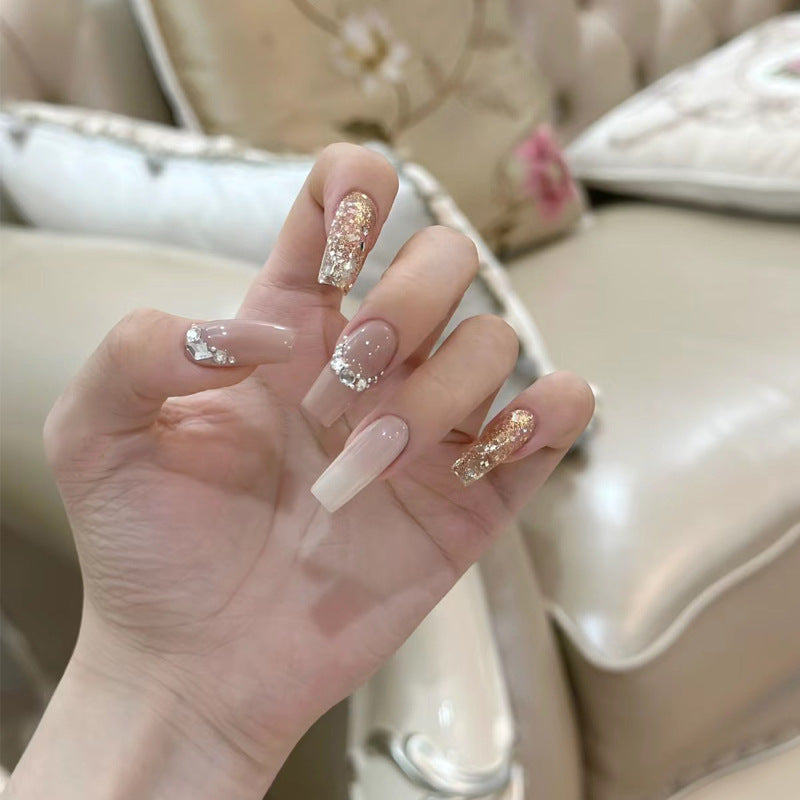 Glamorous Elegance Long Square Beige with Sparkling Ombré Tip Press On Nail Set