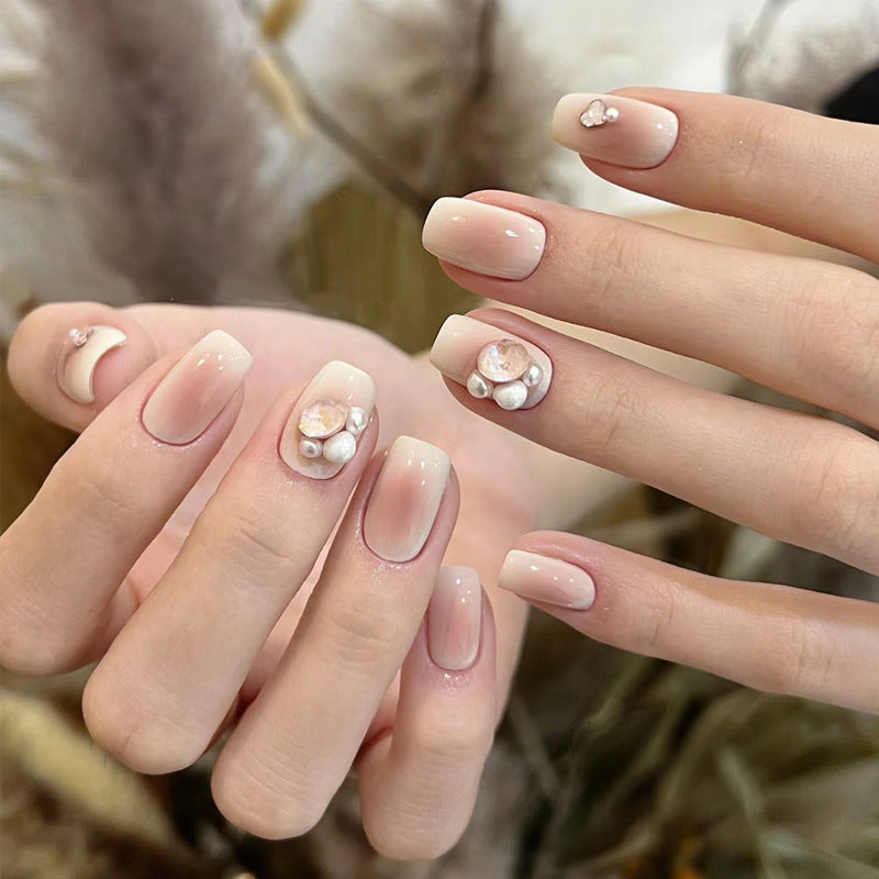 Elegant Floral Dream Short Square Press On Nails in Soft Pink with Stunning Gem Accents