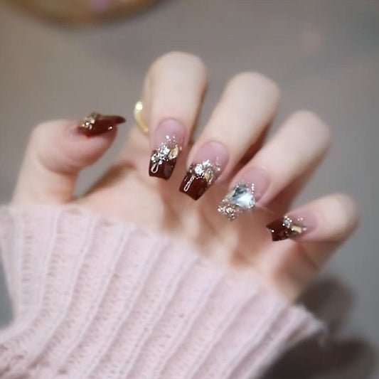 Elegant Autumn Splendor Long Coffin Burgundy Glossy Nails with Sparkling Accent Gems