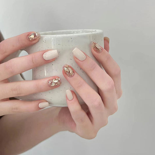 Elegant Autumn Bliss Medium Coffin Beige with Gold Foil Accents Press On Nail Set