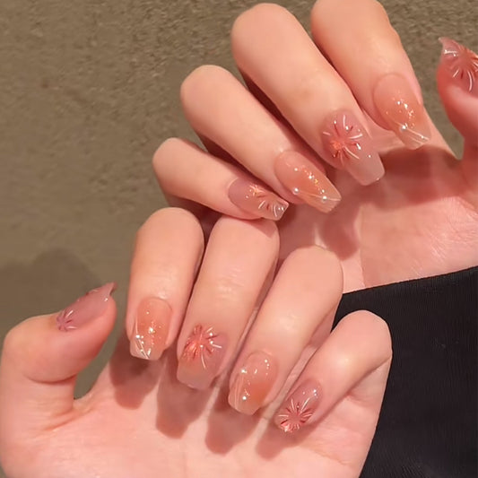 Blossom Dream Pink Medium Coffin Press on Nail Set with Floral Glitter Design