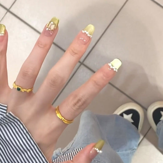 Glamorous Citrus Long Coffin Shaped Yellow Press On Nails with Pearl Accents and Rhinestone Feature
