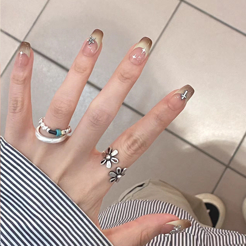 Bohemian Elegance Long Coffin Beige Ombre with Dazzling Star Accents Press On Nail Set