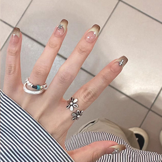 Bohemian Elegance Long Coffin Beige Ombre with Dazzling Star Accents Press On Nail Set