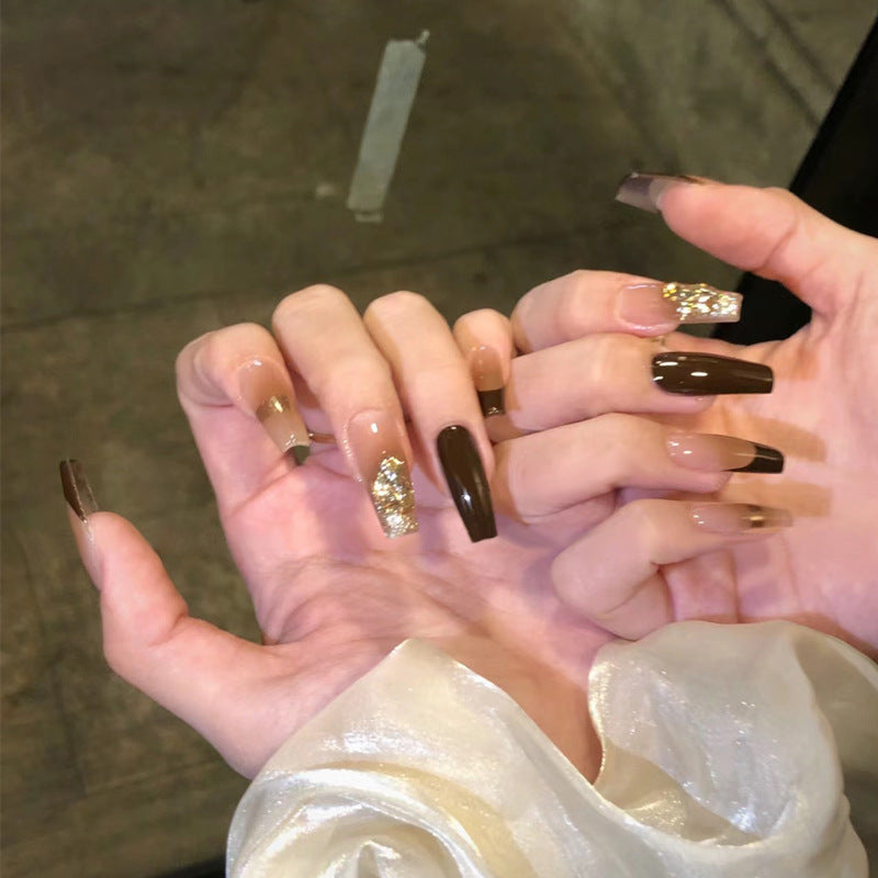Glamorous Elegance Long Coffin Ombre Brown with Glitter Accents Press On Nail Set