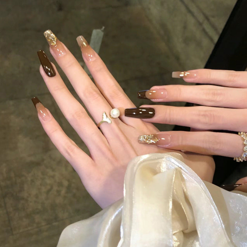 Chic Elegance Extra Long Coffin Almond Chocolate Ombre Glitter Press On Nail Set