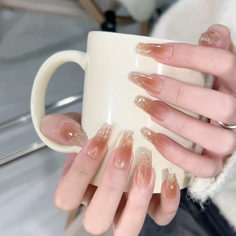 Glamorous Enchantment Long Coffin Ombre Brown with Sparkling Glitter Tip Press On Nail Set