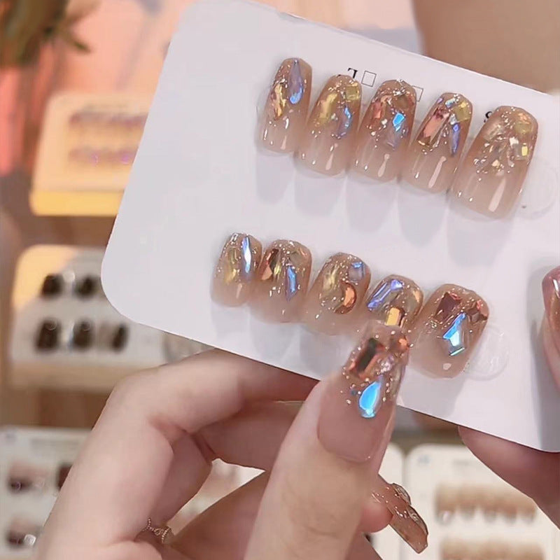 Celestial Elegance Short Squoval Beige press on nail set with shimmering holographic accents