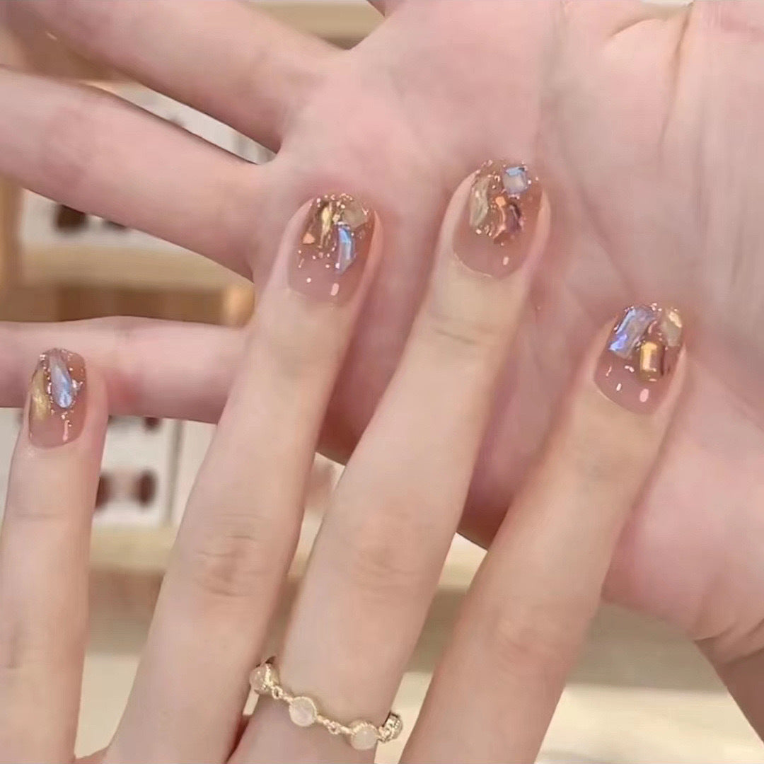 Glimmering Elegance Short Square Transparent with Shimmering Gold and Blue Accents Press On Nail Set