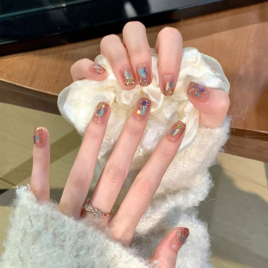 Glistening Rainbow Dream Short Square Clear Nails with Dazzling Glitter Accents