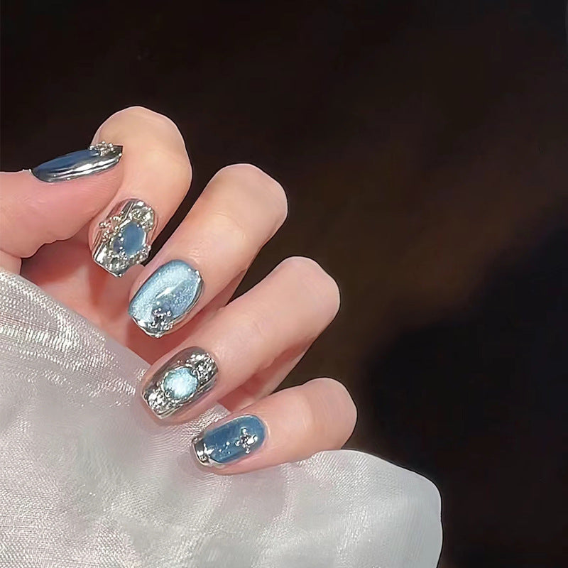 Celestial Glamour Short Square Cool Blue with Dazzling Gem Accents Press On Nail Set