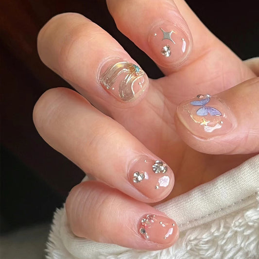Fairy Garden Chic Short Square Transparent with Sparkling Gem Accents Press On Nail Set