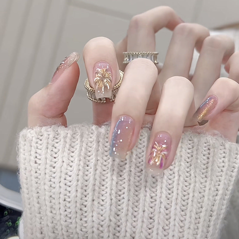 Tropical Paradise Long Square Clear Nails with Shimmering Palm Tree Design