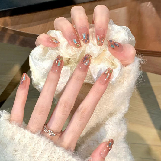 Whimsical Charm Elegant Long Coffin Transparent with Colorful Glitter Accents Press-on Nail Set