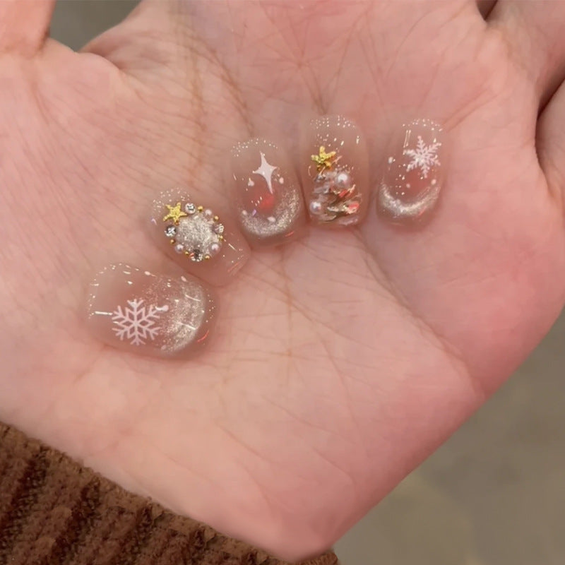 Winter Wonderland Shimmering Short Square Clear Snowflake Press On Nail Set with Glittering Accents