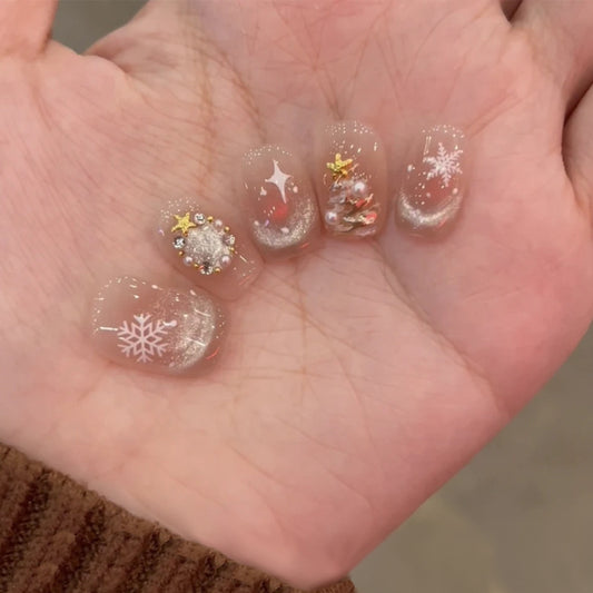 Winter Wonderland Shimmering Short Square Clear Snowflake Press On Nail Set with Glittering Accents