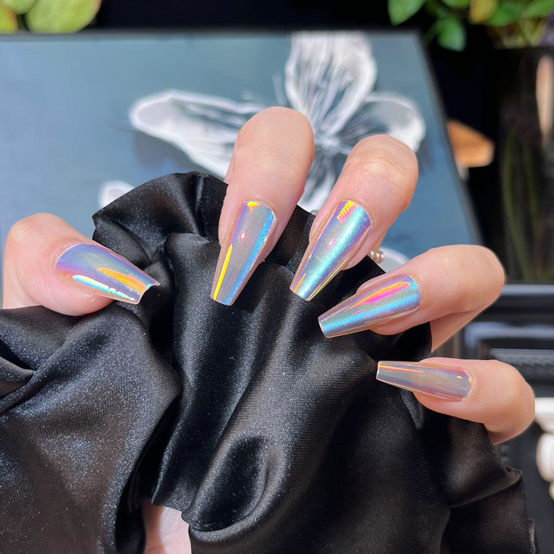 Celestial Glow Long Coffin Shaped Iridescent Press On Nail Set with Holographic Finish