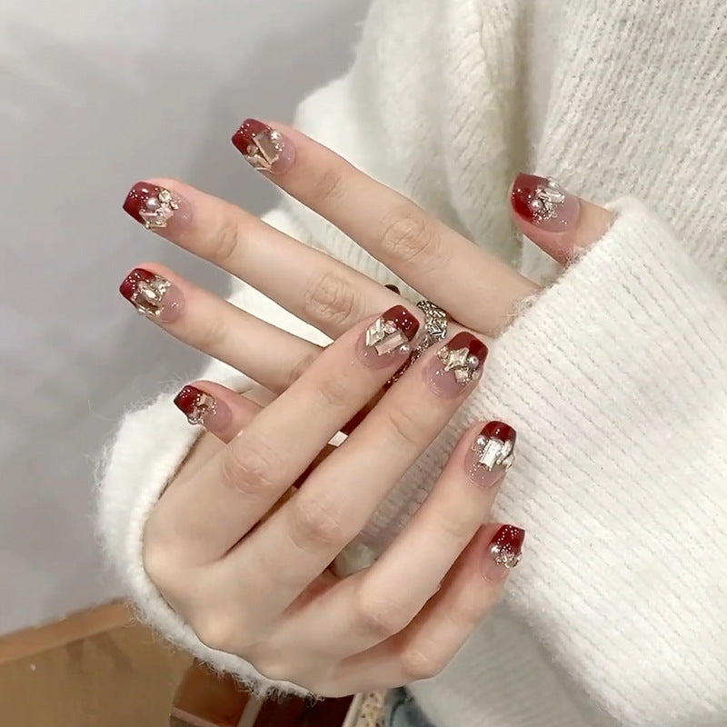 Enchanting Elegance Short Square Burgundy with Glittering Accent Design Press On Nail Set