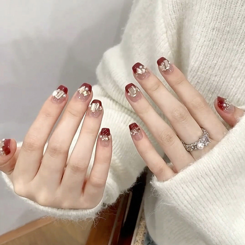 Autumn Elegance Short Square Burgundy Press On Nail Set with Glamorous Gold Accents